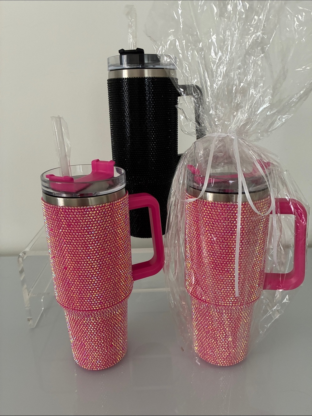 Pink (2) and Black (1) Rhinestone Travel Mug with Handle